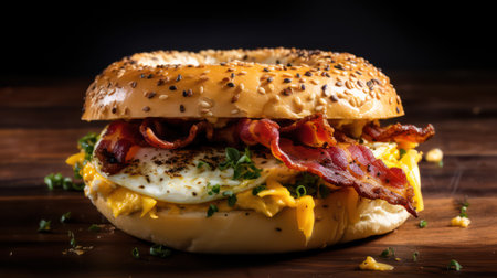 Bacon and egg sandwich on a wooden background. Toned.の素材