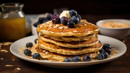 Pancakes with blueberries and maple syrup on a wooden backgroundの素材