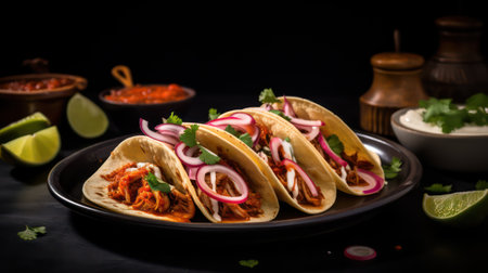 Traditional mexican tacos with meat and vegetables on a black backgroundの素材