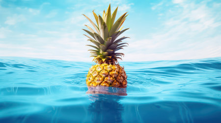 Pineapple floating on the water with blue sky background. 3d renderingの素材
