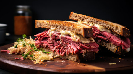 Sliced roast beef sandwich with pickled cabbage on wooden boardの素材