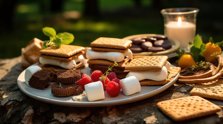 cookies and marshmallows on a plate on a wooden backgroundの素材