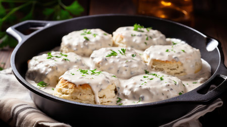 Scones with cream cheese and parsley in a frying panの素材
