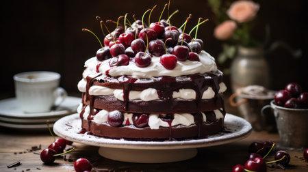 Chocolate cake with cherries and whipped cream on a wooden backgroundの素材
