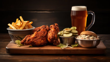 fried chicken with french fries and beer on a wooden background. fast foodの素材