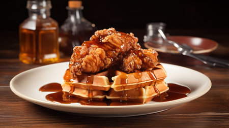 Belgian waffles with honey and walnuts on a wooden tableの素材