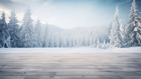 Wooden floor against snowy landscape with fir trees in a winter landscapeの素材