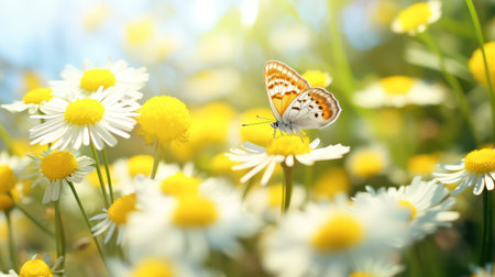 Beautiful butterfly on camomile flower outdoors. Space for textの素材