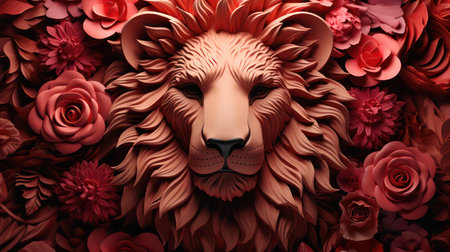 3d rendering of a lion head surrounded by red flowers. This is a 3d render illustration.の素材