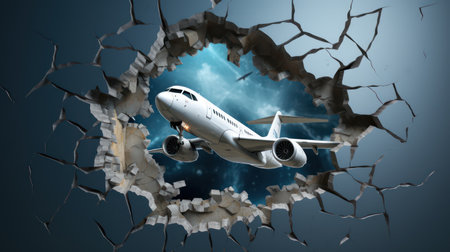 Cracked wall with airplane breaking through it. 3d illustration.の素材