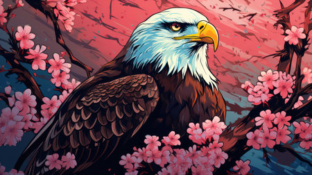 Bald Eagle and sakura blossom background. Vector illustration.の素材