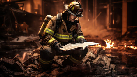 Firefighter in action with a book in his hands on fire backgroundの素材