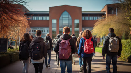 Back view of a group of students walking in the university campus.の素材