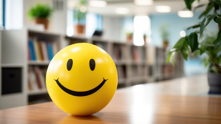 Smiling yellow ball on the table in the office. 3d renderingの素材