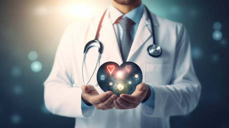 Close up of male doctor holding in palms glowing heart with stethoscopeの素材