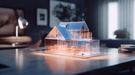 House model on a laptop. 3d rendering toned image double exposureの素材