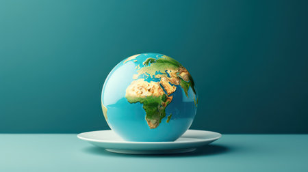 Earth globe on a white plate on a blue background. 3d renderの素材