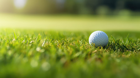 Golf ball on green grass ready to be shot into a holeの素材