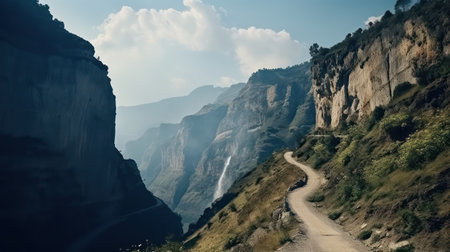Beautiful landscape with a road in the mountains and a waterfall in the backgroundの素材