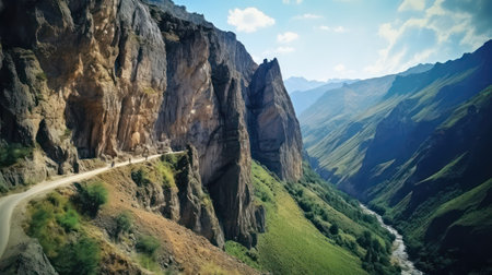 Panoramic view of the mountain road in the gorge. Caucasus Mountains.の素材