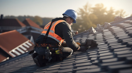 Worker on the roof of a house with a roof shinglesの素材