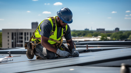 Worker on the roof of a new commercial building with solar panelsの素材