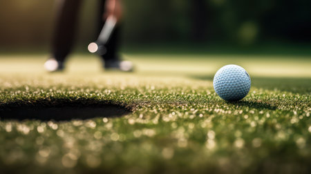 Golf ball on green grass with hole and putter in backgroundの素材