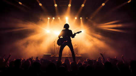 Silhouette of a rock band performing on stage during a live concertの素材
