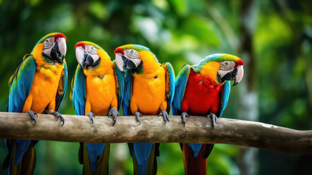 Colorful macaws sitting on a branch in the rainforest.の素材