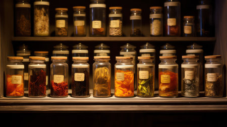 Spices in a glass jar on a shelf in a pantryの素材
