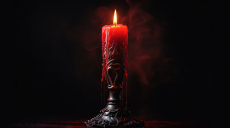 Burning candle in a candlestick on a black background.の素材
