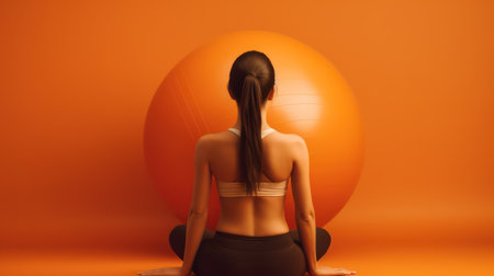Young woman sitting on a yoga mat and looking at an orange ballの素材