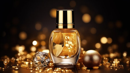 Bottle of perfume with golden christmas balls on bokeh backgroundの素材
