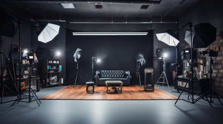 Interior of modern photo studio with professional equipment and lighting equipment.の素材