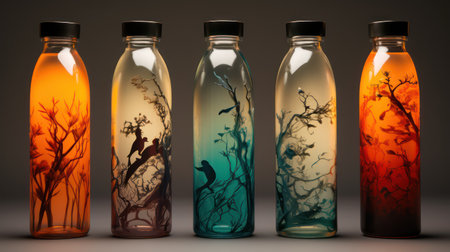 3d illustration of glass bottles with floral design on dark background.の素材