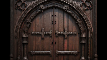 Wooden door with iron ornament. 3d render illustration on black backgroundの素材