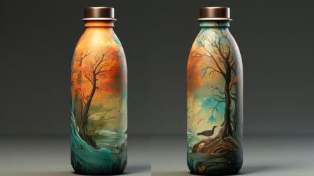 3d render of two bottles with abstract autumn forest on dark backgroundの素材