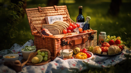 Picnic basket with food and wine on the grass in the parkの素材