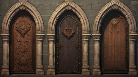 Wooden doors in the interior of a Christian church. 3d renderingの素材