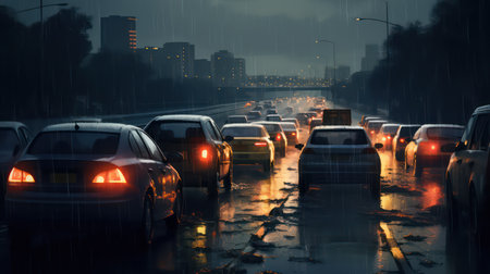 Traffic on a rainy day in the city. 3d renderingの素材