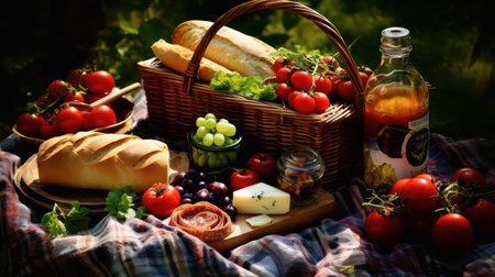 Picnic basket with food and wine on nature. Selective focusの素材