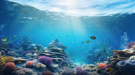 Underwater view of coral reef with tropical fish. 3D renderingの素材