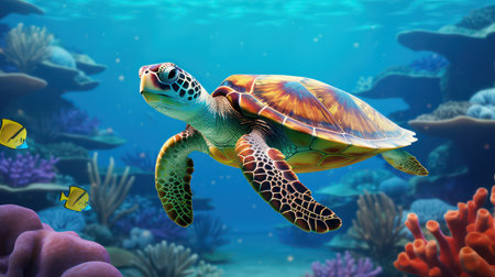 Green sea turtle swimming in a coral reef. 3d illustration.の素材