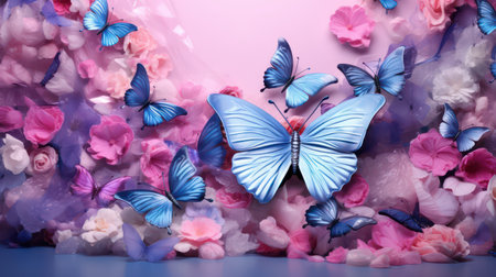 Butterflies and flowers on a pink background. Toned.の素材
