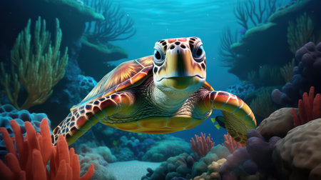 Green sea turtle on coral reef in deep blue ocean. 3d renderの素材