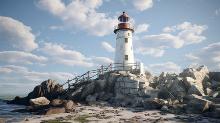 Lighthouse on the rocks on the seashore under blue skyの素材