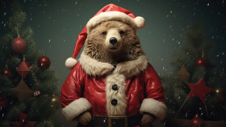 christmas, holidays, celebration and people concept - close up of santa claus bear in red clothes over dark backgroundの素材