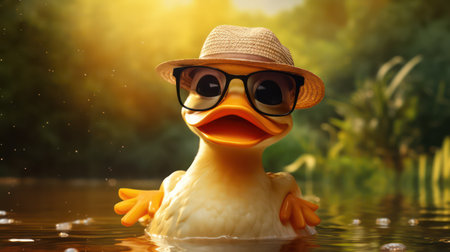 Cute duck in hat and glasses swimming in the lake on summer dayの素材