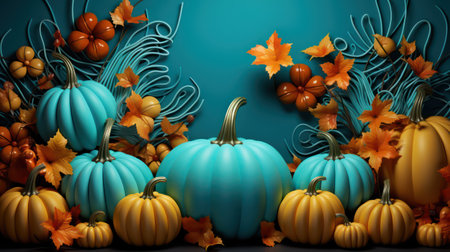 3d render of pumpkins and autumn leaves on a blue backgroundの素材