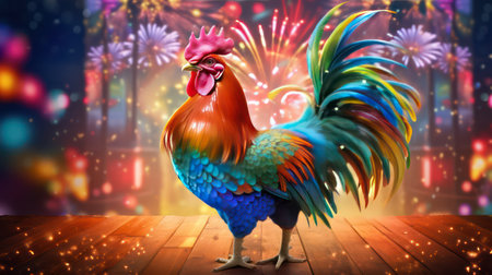 Colorful rooster on wooden planks against fireworks exploding on backgroundの素材
